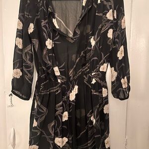 Club Monaco Sheer Black Dress with White flower design.